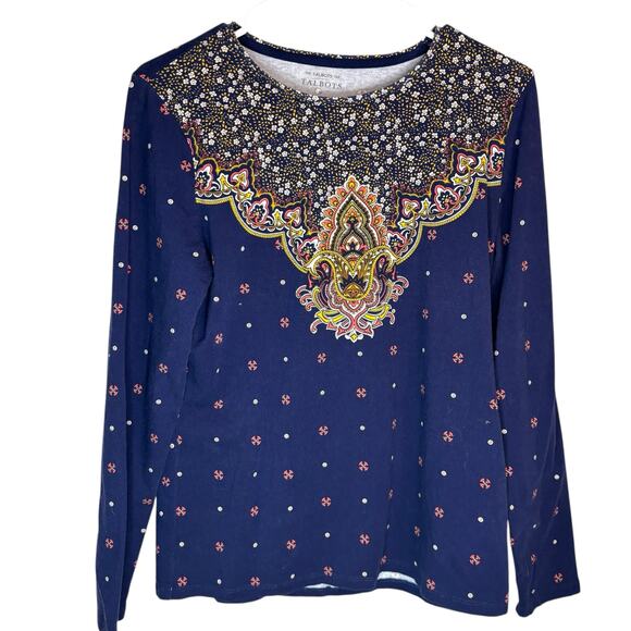 Talbots Paisley Jewel Print Long Sleeve Tee Navy Boho Embellished Top Size M - Picture 2 of 8